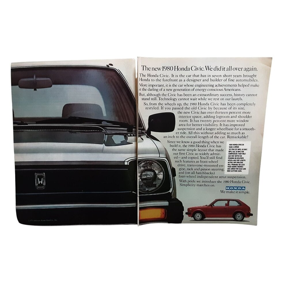 1979 Honda Civic Print Ad New 1980 Model Two Page Vintage Auto